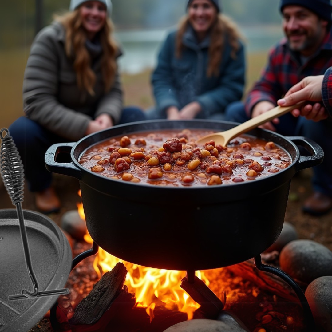 Friends sitting around a campfire with a Dutch oven of beans and sausages.