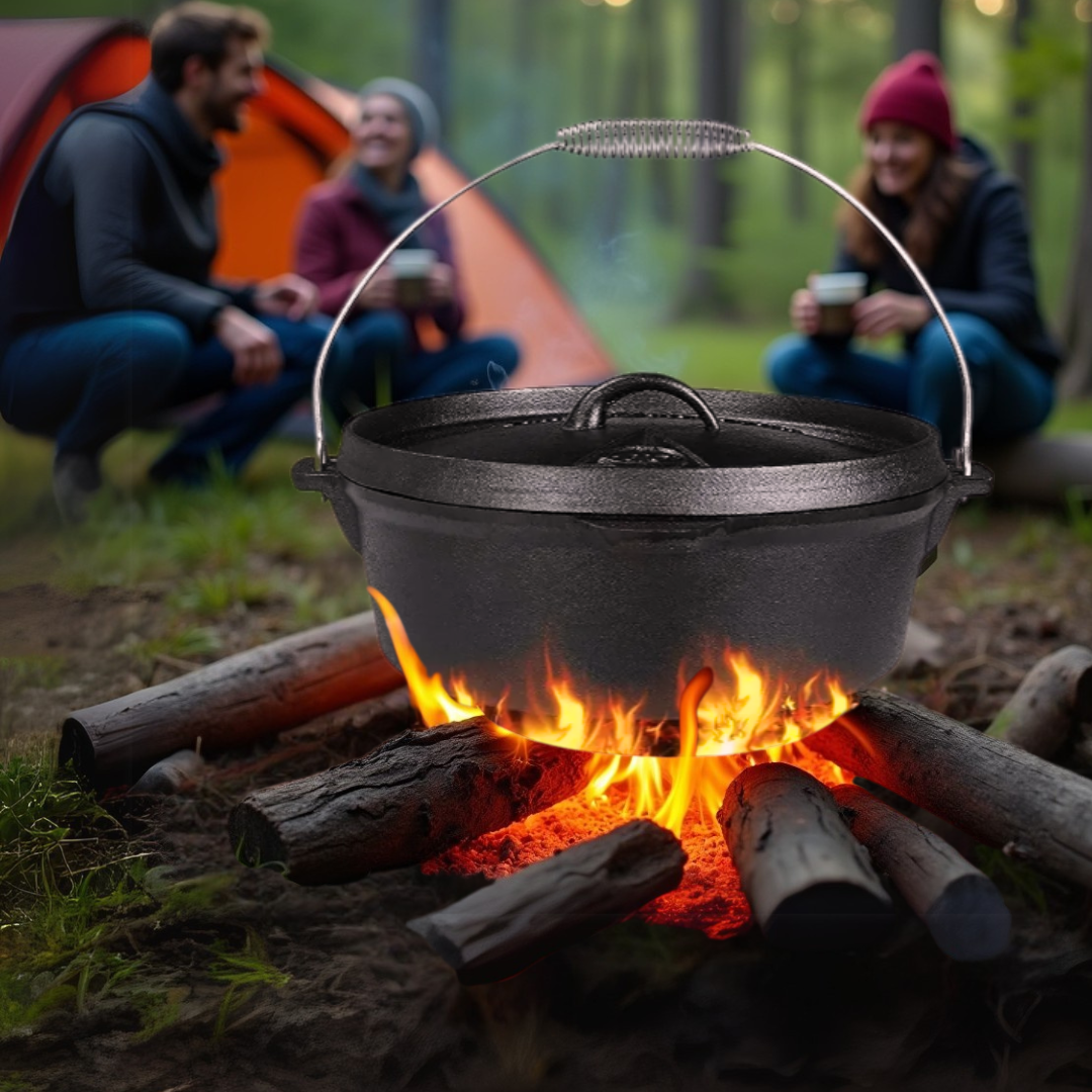 Black cast iron Dutch oven over a campfire with friends sitting in the forest