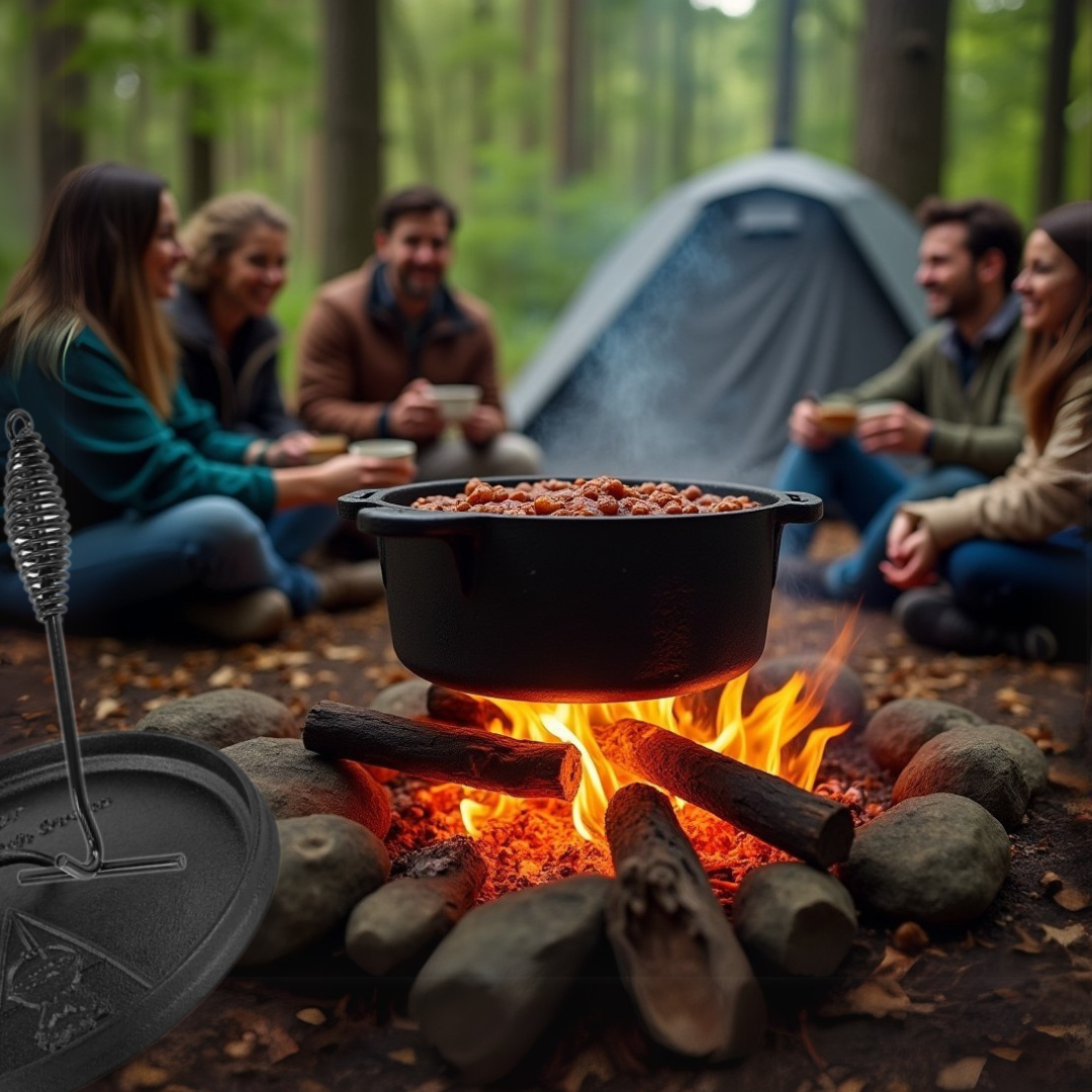 Group of people camping in the woods with a black cast iron Dutch oven over a campfire.