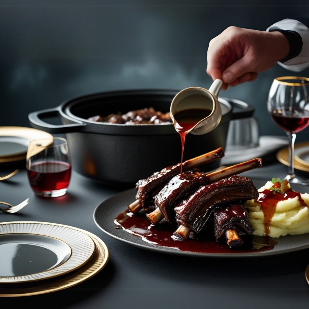 Ribs being served with a side of mashed potatoes and a glass of red wine on a dinner table. A Dutch oven in the background.