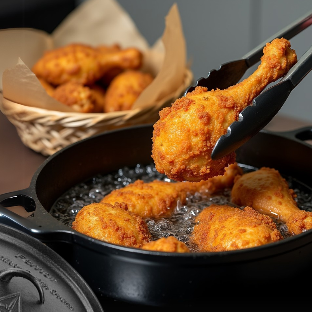 Fried chicken being cooked in a black cast iron Dutch oven with tongs lifting a piece out of the oil.