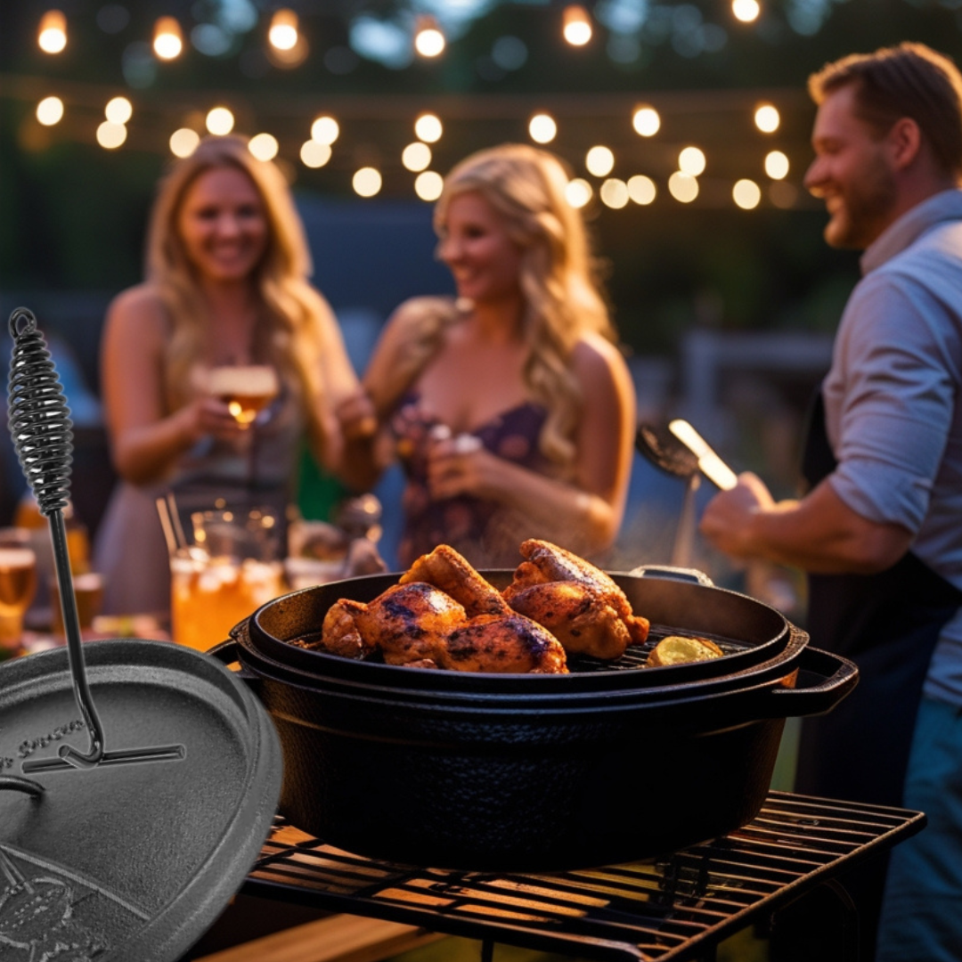 Friends enjoying a barbecue with roasted chicken on a black cast iron Dutch oven at night.