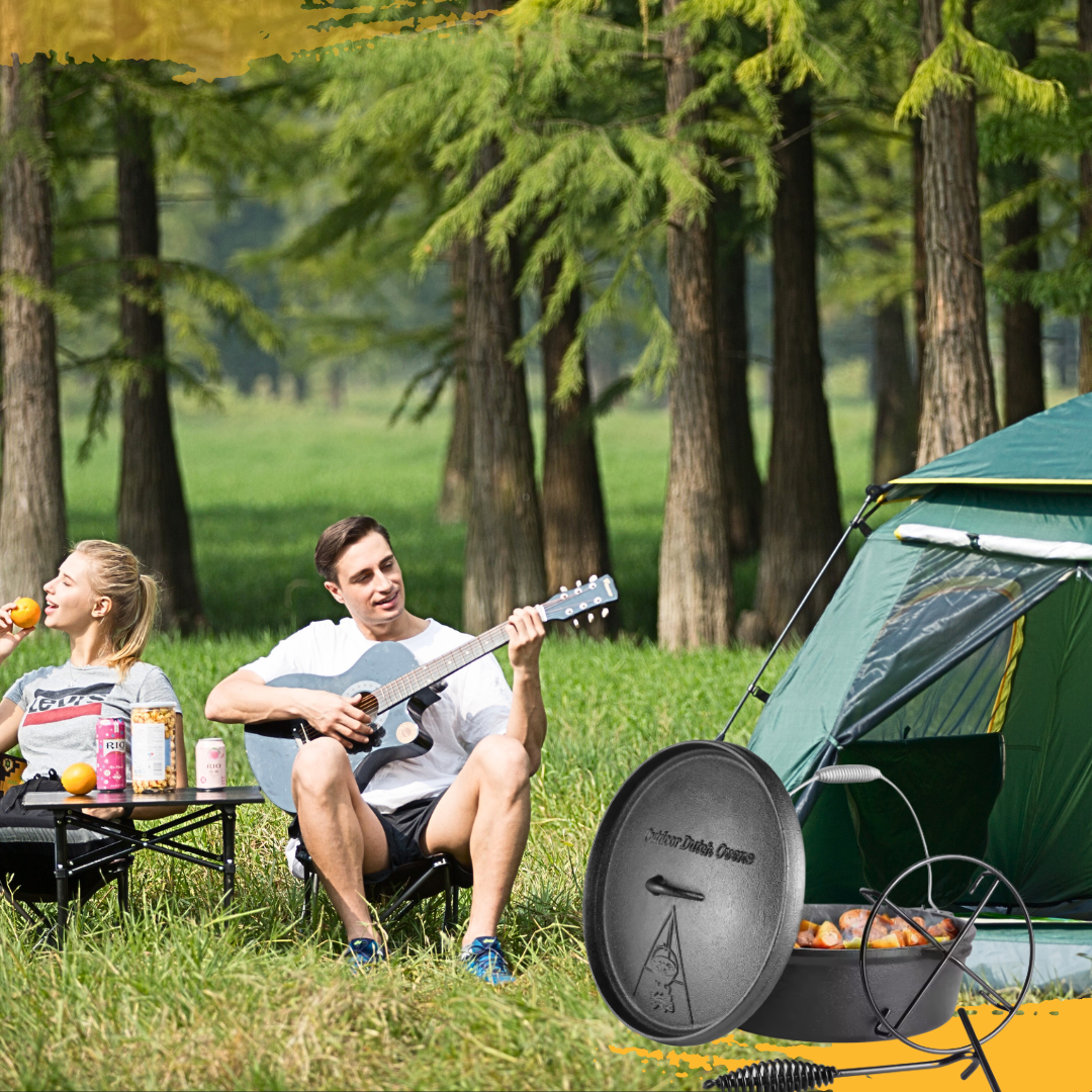 A couple camping in a forest with a guitar, food, and a black cast iron Dutch oven and assacceries