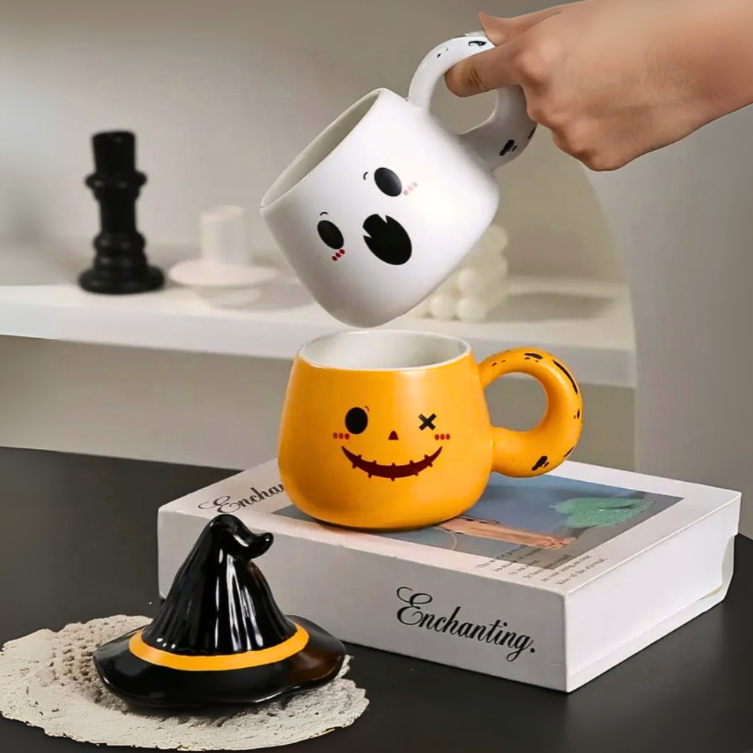 Spooky-Cute Ghost Coffee Mug with Lid | 4 Ceramic Styles for Halloween Decor & Fall Gift