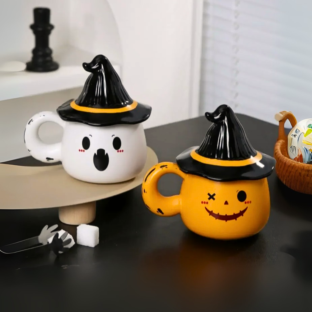 Spooky-Cute Ghost Coffee Mug with Lid | 4 Ceramic Styles for Halloween Decor & Fall Gift