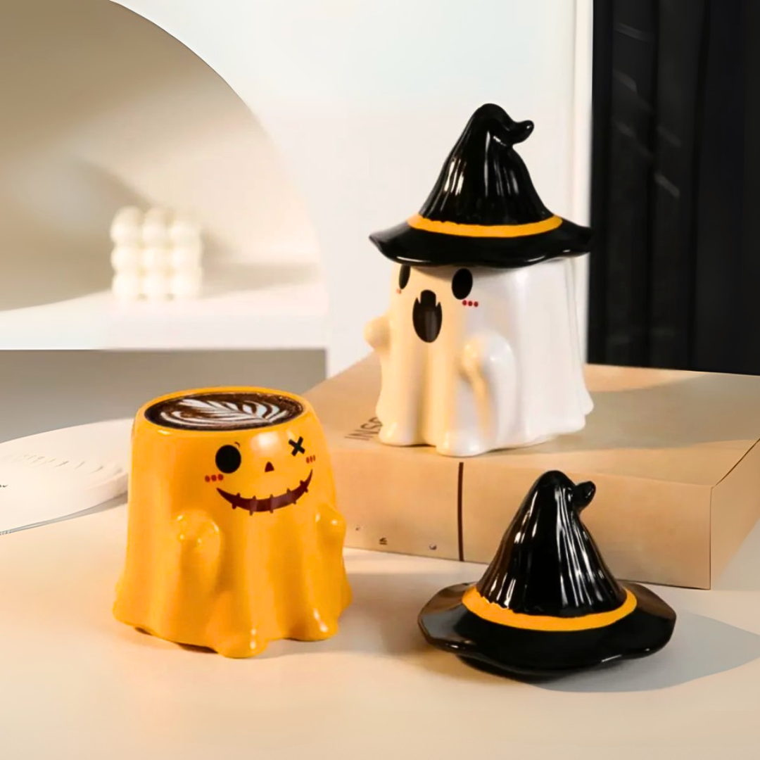 Spooky-Cute Ghost Coffee Mug with Lid | 4 Ceramic Styles for Halloween Decor & Fall Gift