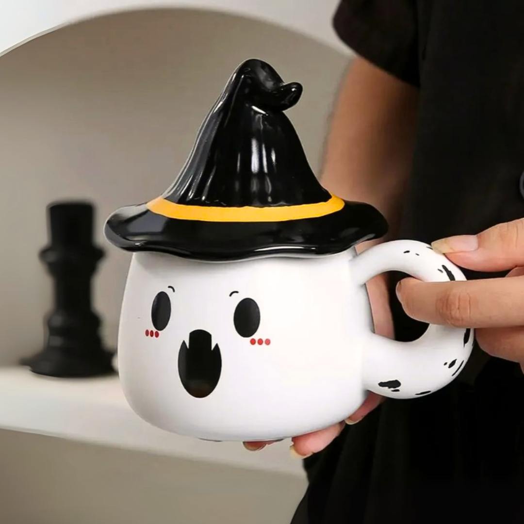 Spooky-Cute Ghost Coffee Mug with Lid | 4 Ceramic Styles for Halloween Decor & Fall Gift