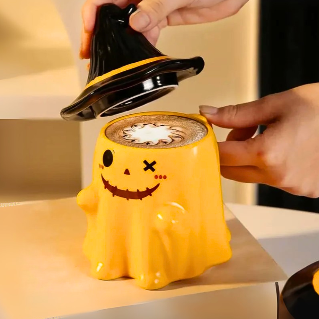 Spooky-Cute Ghost Coffee Mug with Lid | 4 Ceramic Styles for Halloween Decor & Fall Gift