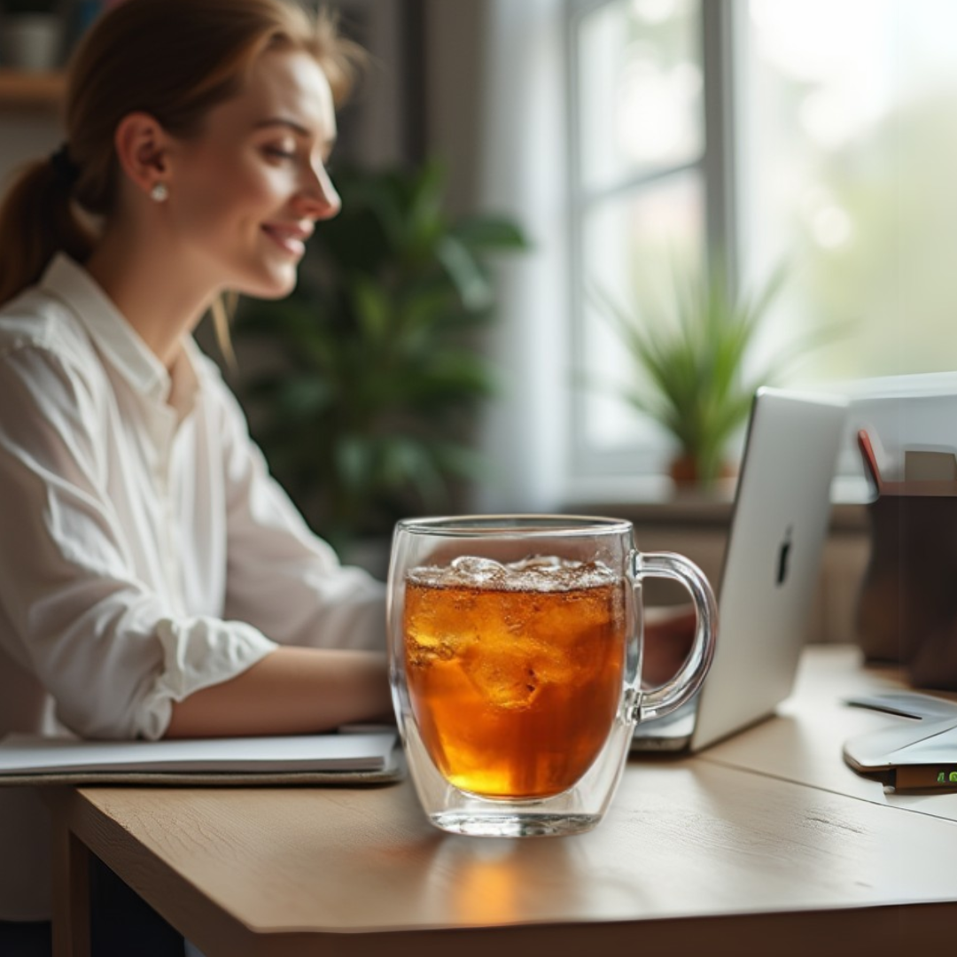 Woman sitting at a desk with a laptop and a glass of iced tea.