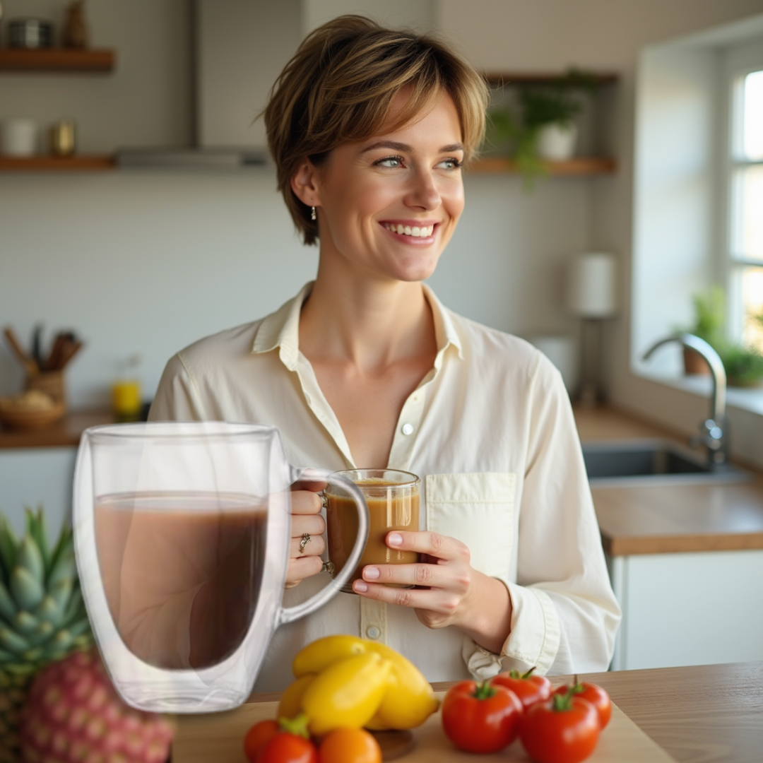 Woman holding a mug of coffee in a kitchen with fruits on the table