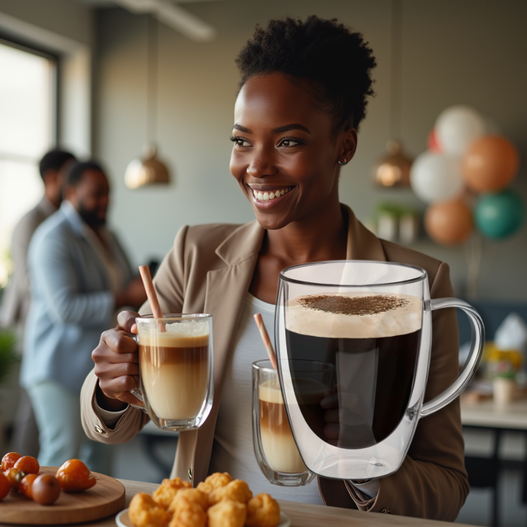 A business woman holding a glass of coffee with a creamy top, surrounded by people and balloons in a casual setting.