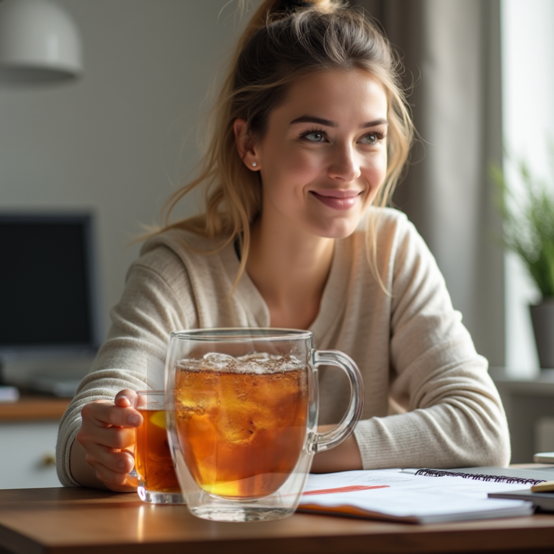 Woman holding a glass of iced tea at a table with a notebook in a home setting