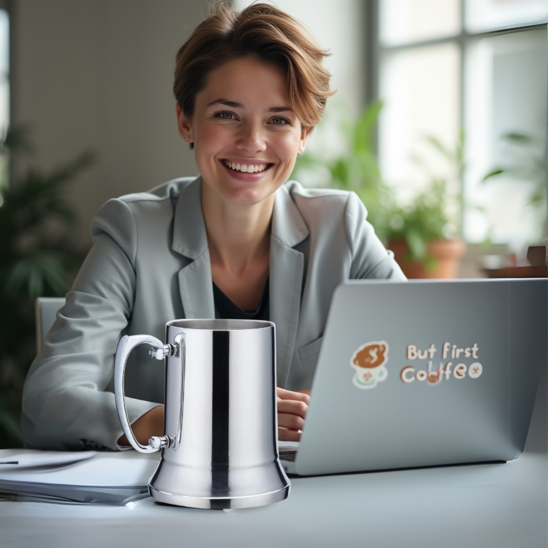 A businesswoman sitting at a desk with a laptop and a large stainless steel mug, smiling.