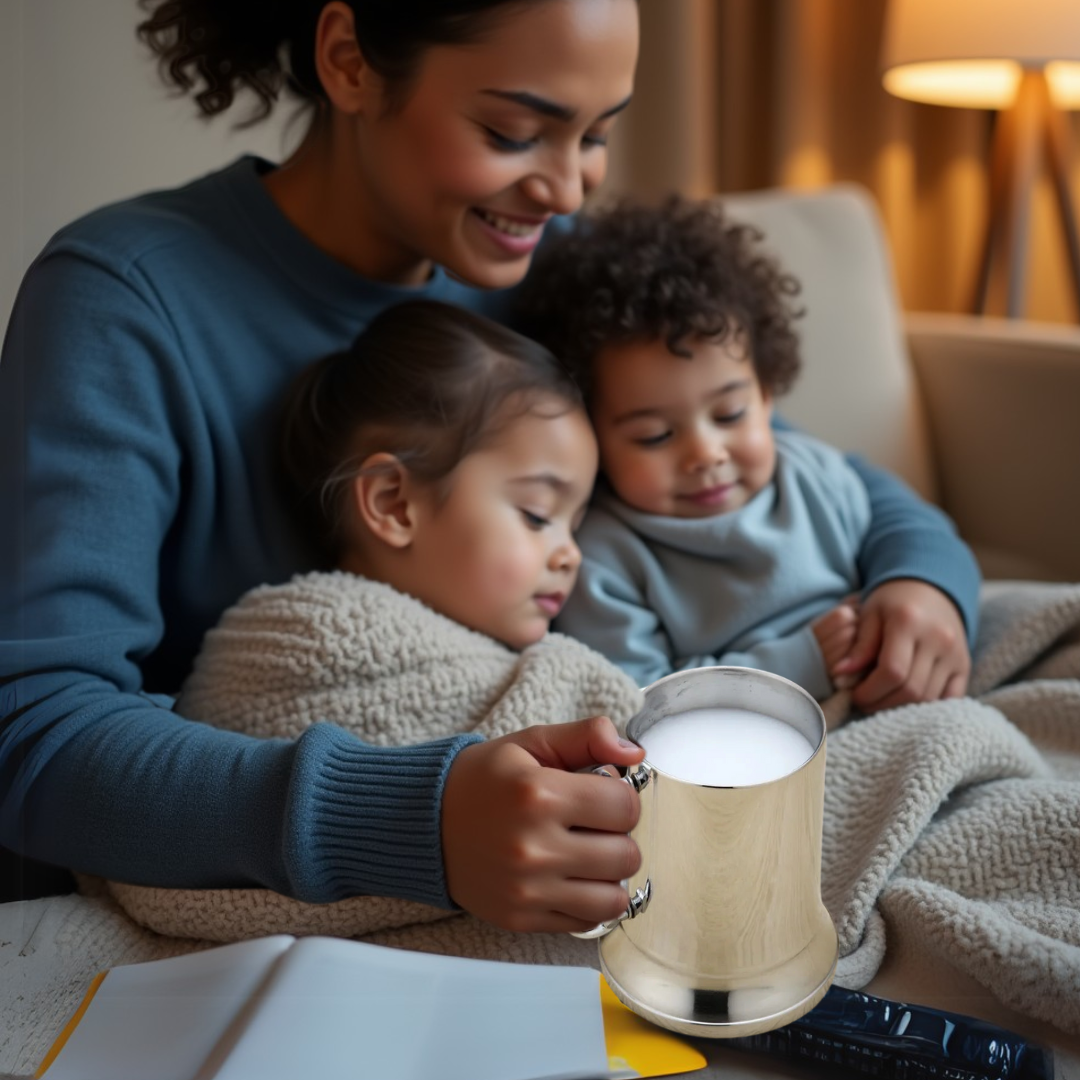 A mom and two children sitting on a couch with a stainless steel mug of milk.