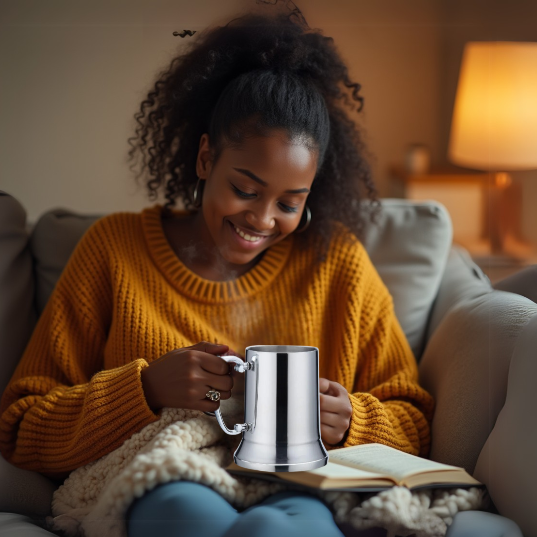 Woman in yellow sweater holding a silver stainless steel mug, sitting on a couch with a book and blanket.