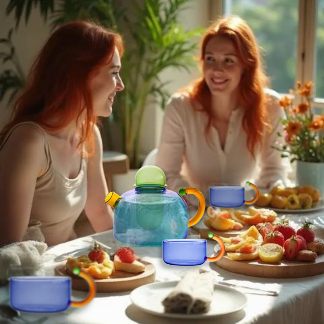 Two women sitting at a table with colorful glass teapots and mugs, surrounded by food and plants.