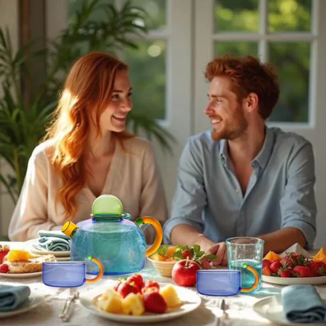 A couple sitting at a table with a colorful glass teapot and fruit