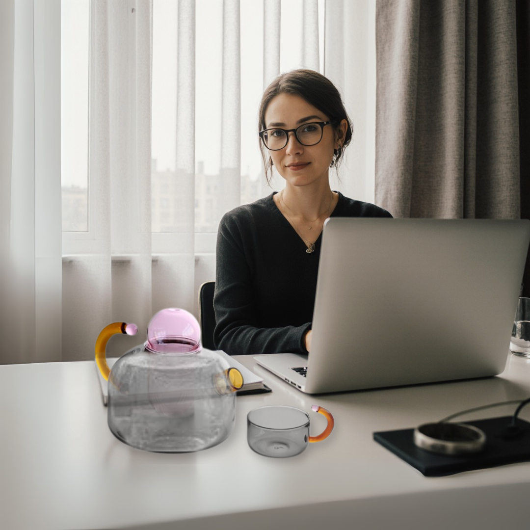 Woman sitting at a desk with a laptop, surrounded by a gray glass teapot and a matching mug.