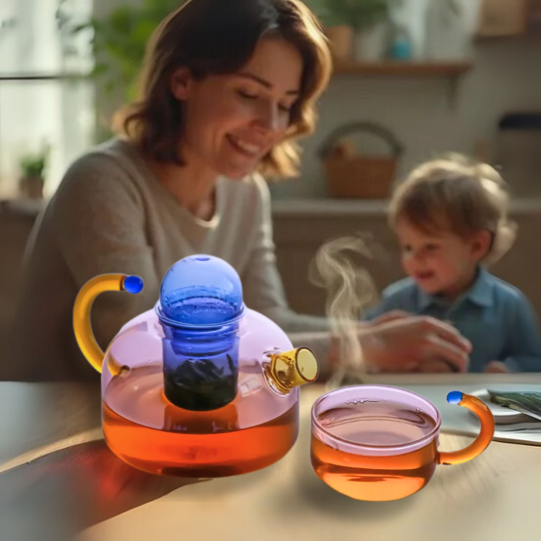 A mom and child at a table with a tea-making set, including a glass teapot and a matching cup.