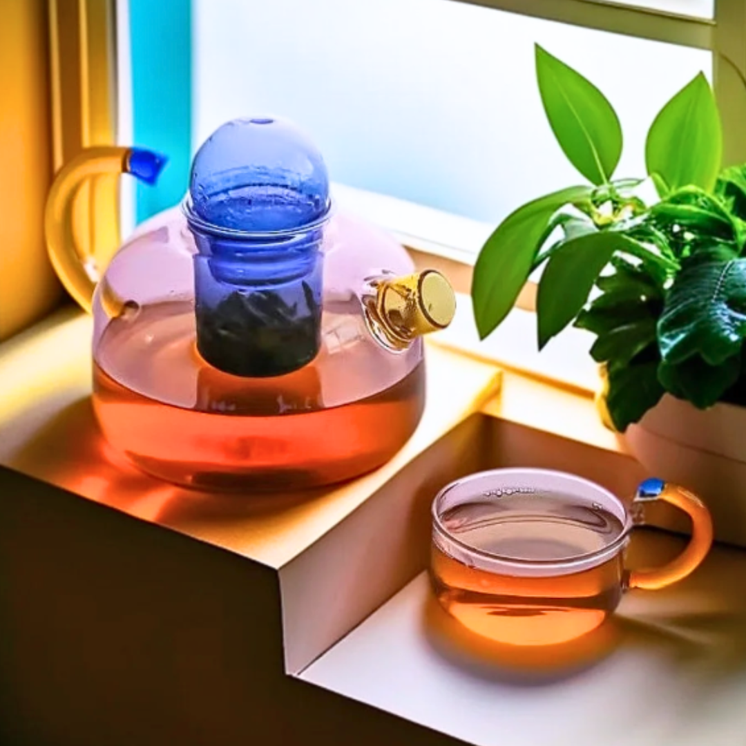 Tea-making setup with a glass teapot and cup on a windowsill with a plant.