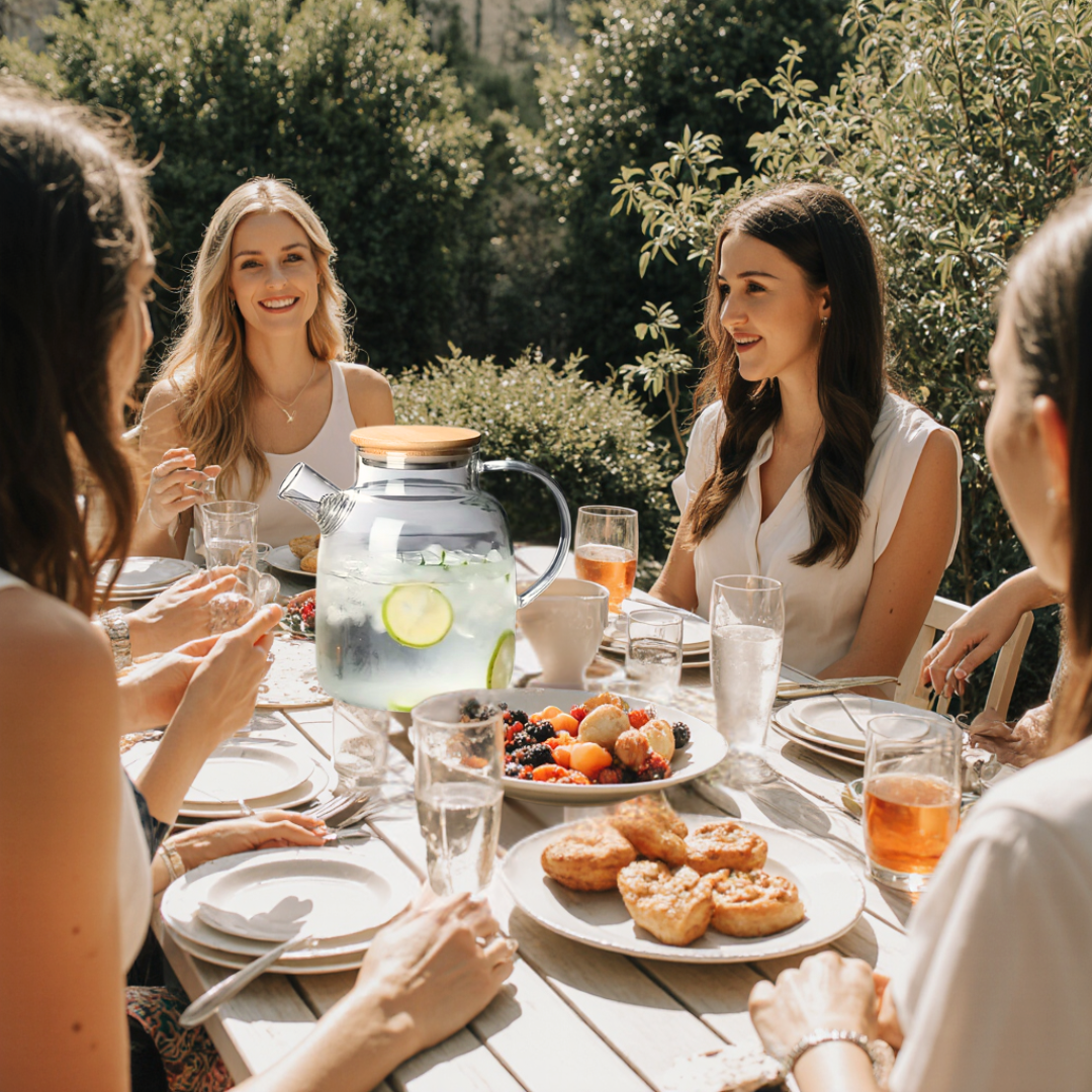 Group of friends enjoying a meal outdoors at a wooden table with plates, glasses, and a glass kettle.