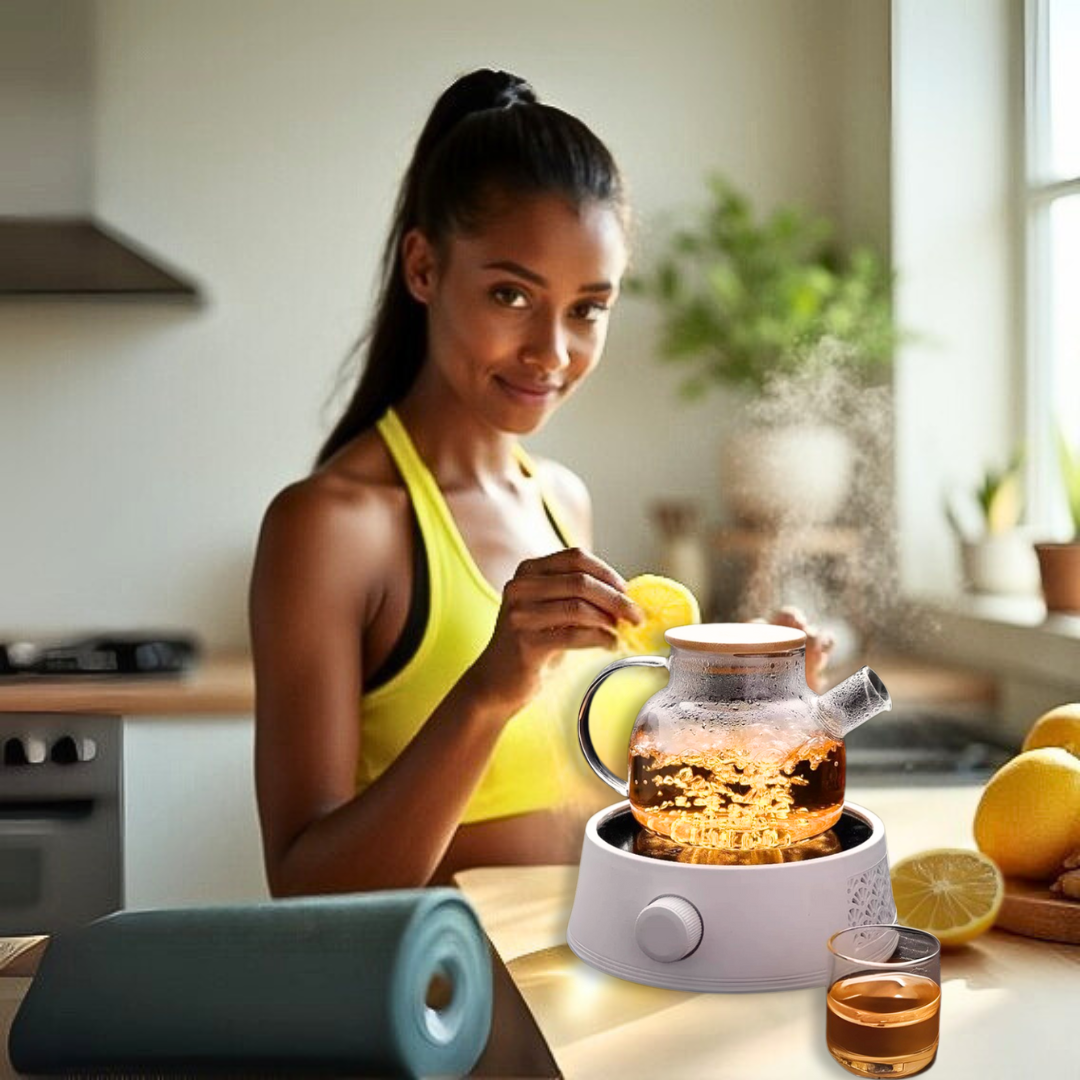 Woman in a kitchen preparing hot tea with a glass kettle and lemons.