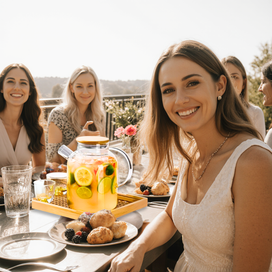 Woman smiling at a table with friends and a glass pitcher of lemonade outdoors.