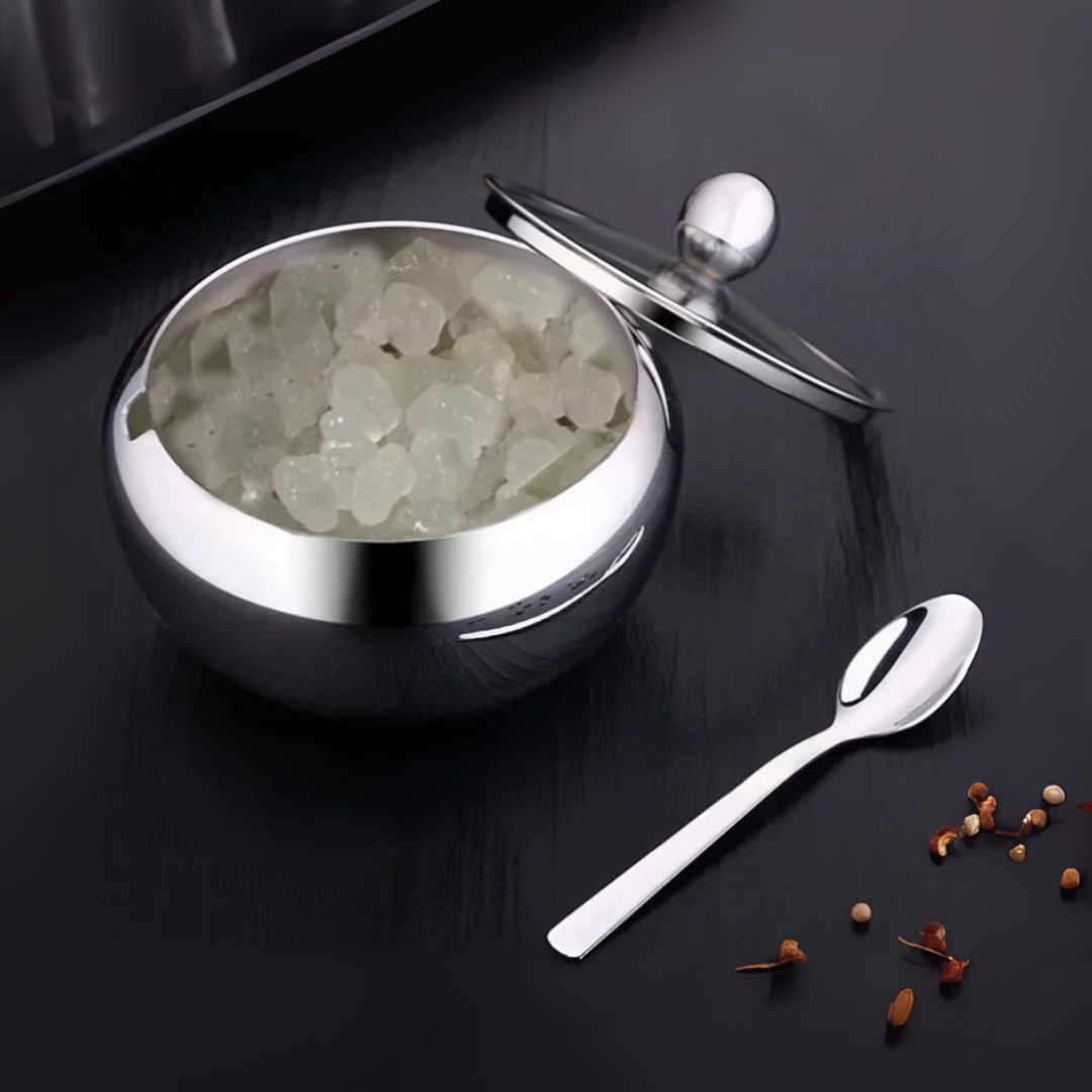 Stainless Steel Sugar Bowl with Lid & Spoon | Drum-Shaped, Save Time & Space
