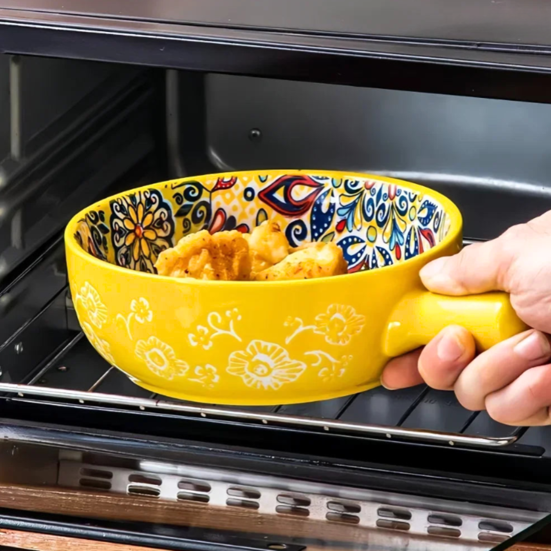 Embossed Floral Ceramic Bowl with Handle | 6 Bohemian Styles, Oven Safe Bakeware