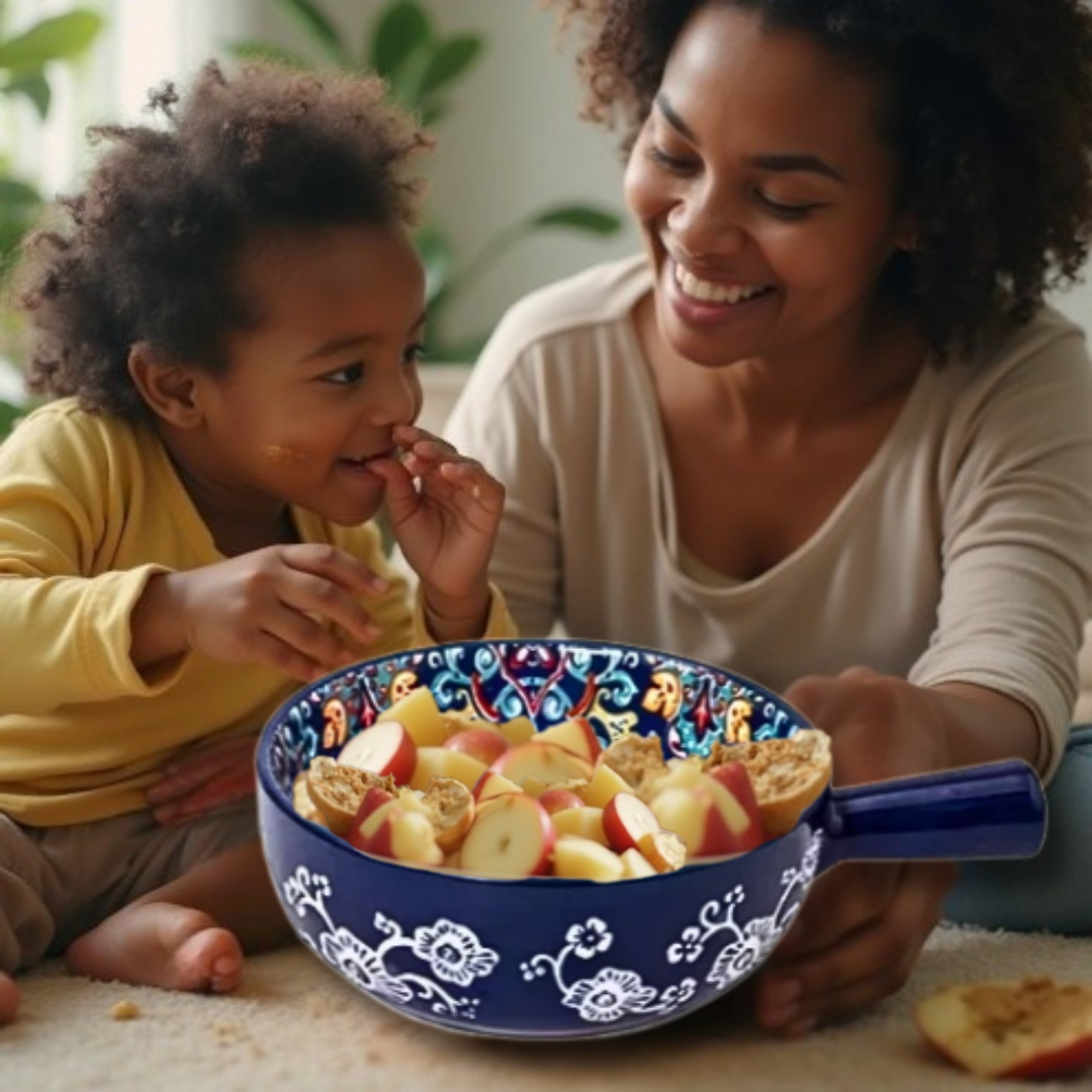Embossed Floral Ceramic Bowl with Handle | 6 Bohemian Styles, Oven Safe Bakeware