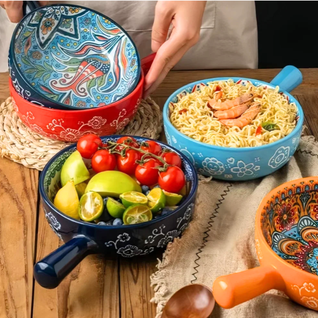 Embossed Floral Ceramic Bowl with Handle | 6 Bohemian Styles, Oven Safe Bakeware