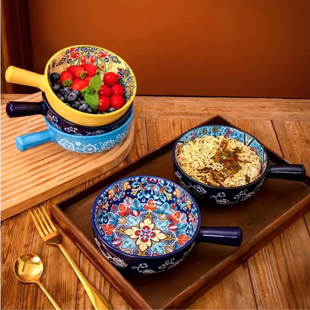 Embossed Floral Ceramic Bowl with Handle | 6 Bohemian Styles, Oven Safe Bakeware