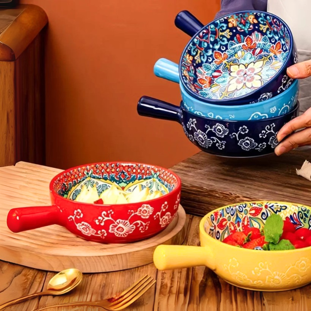 Embossed Floral Ceramic Bowl with Handle | 6 Bohemian Styles, Oven Safe Bakeware