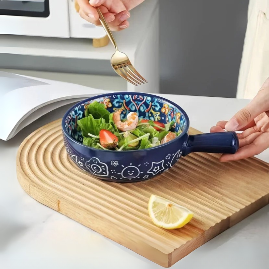 Embossed Floral Ceramic Bowl with Handle | 6 Bohemian Styles, Oven Safe Bakeware