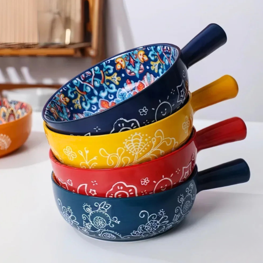 Embossed Floral Ceramic Bowl with Handle | 6 Bohemian Styles, Oven Safe Bakeware
