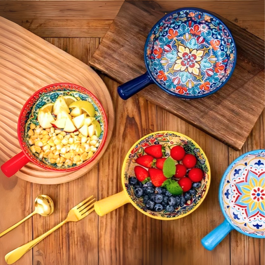 Embossed Floral Ceramic Bowl with Handle | 6 Bohemian Styles, Oven Safe Bakeware