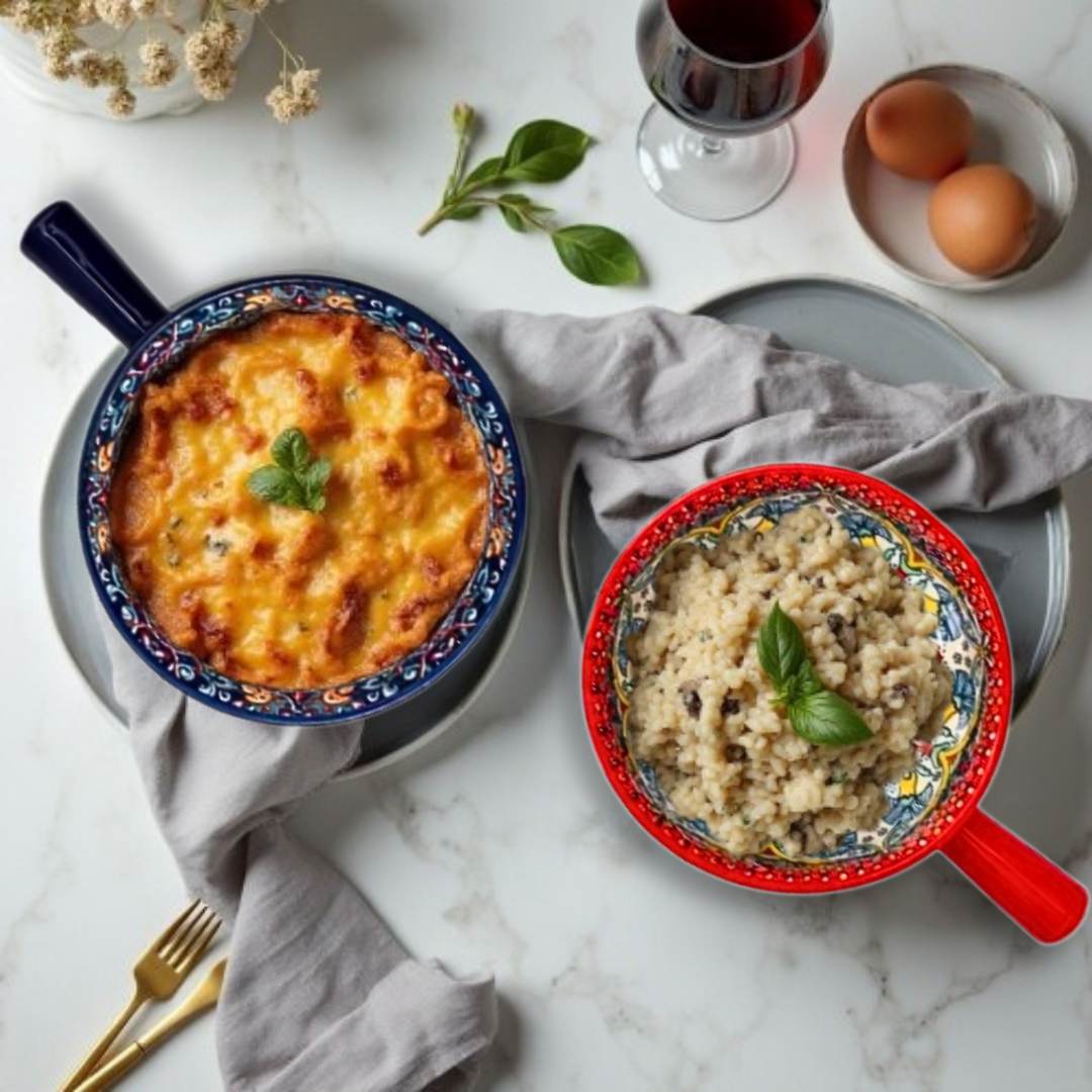 Embossed Floral Ceramic Bowl with Handle | 6 Bohemian Styles, Oven Safe Bakeware