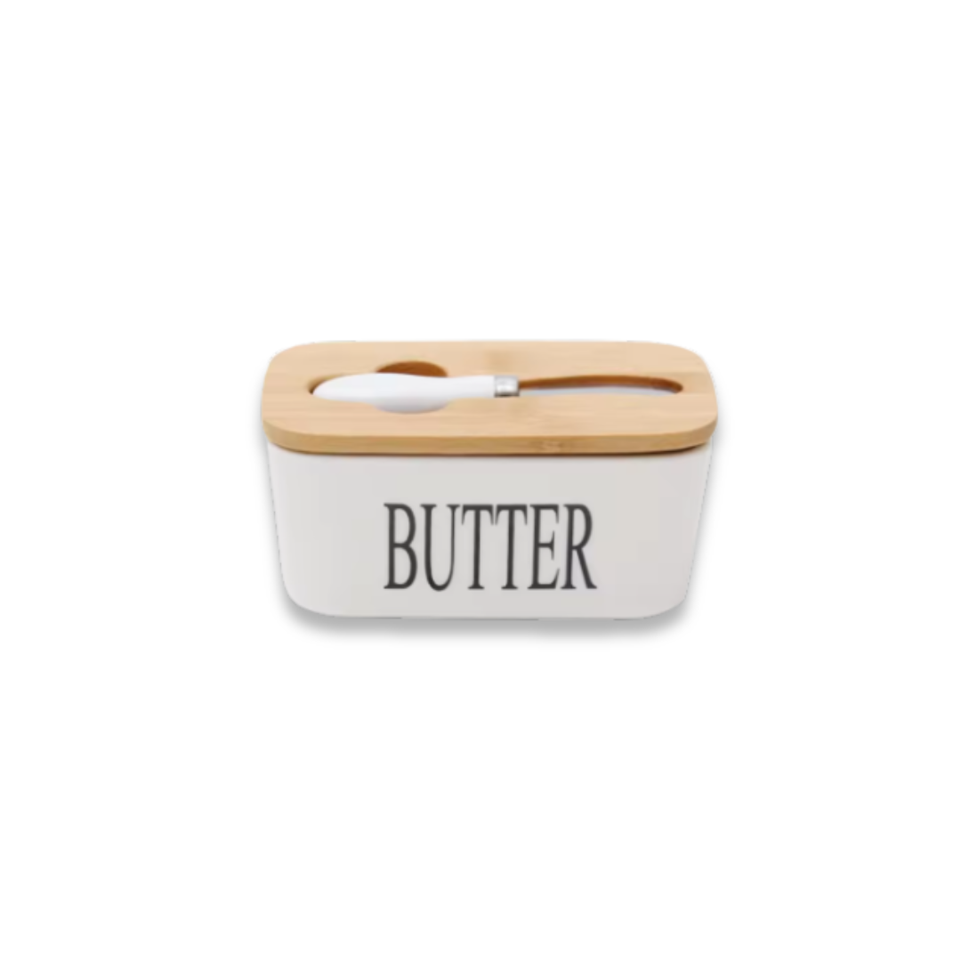 Ceramic Butter Dish with Bamboo Lid & Knife | Decorative Lettering