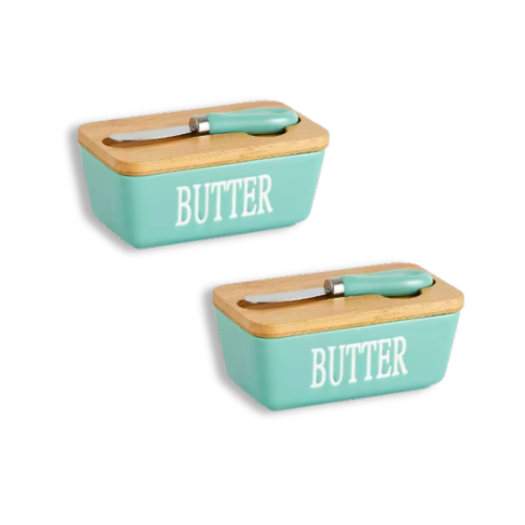Ceramic Butter Dish with Bamboo Lid & Knife | Decorative Lettering