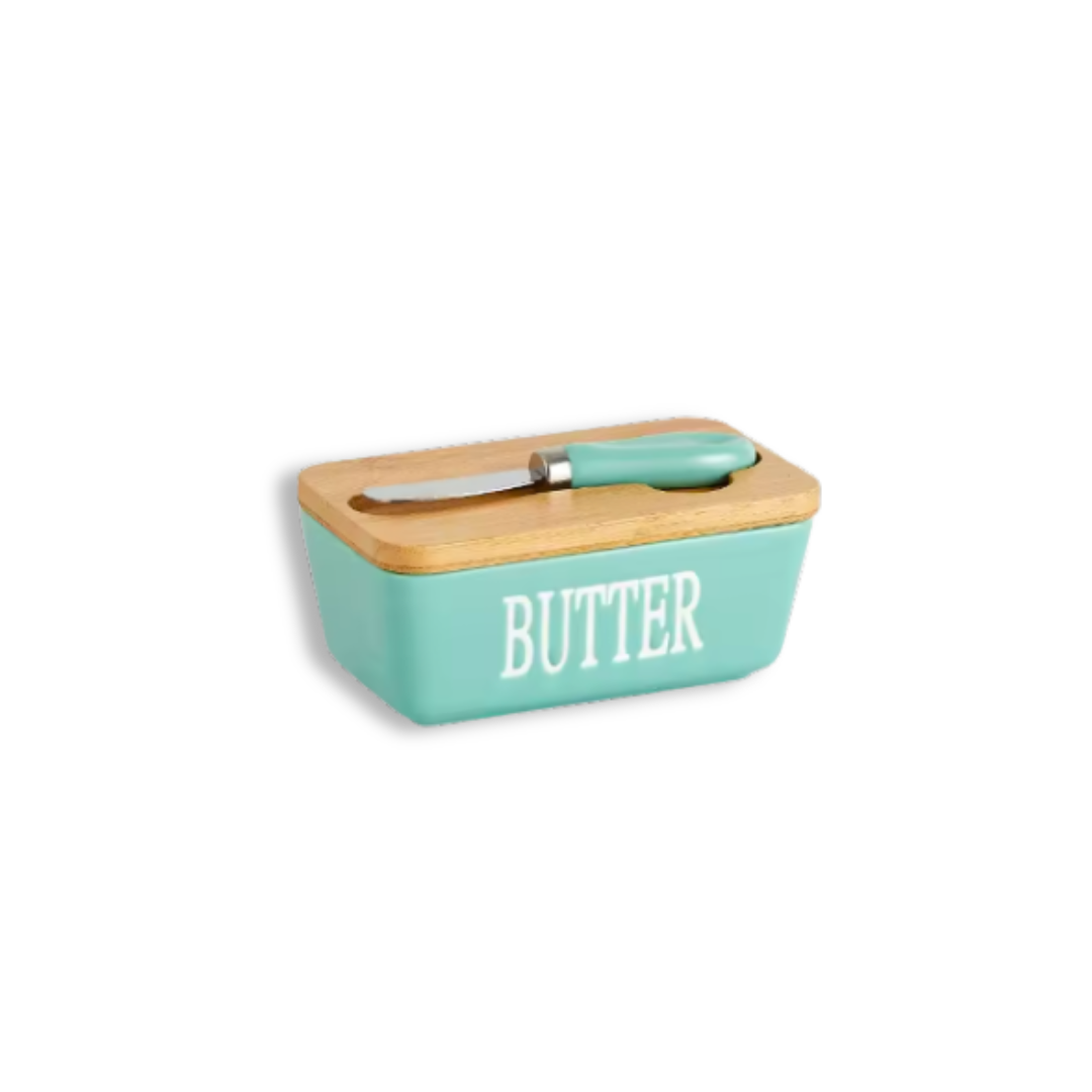 Ceramic Butter Dish with Bamboo Lid & Knife | Decorative Lettering