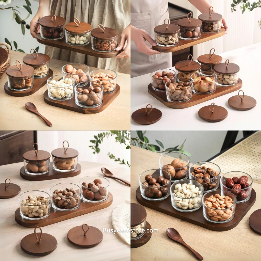 Glass Snack Storage Sets | Oak Nut-Inspired Wooden Lids & Minimalist Wooden Tray