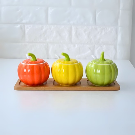 Ceramic Pumpkin Spice Jars | Set of 3 for Halloween Decor with Lids, Spoons & Tray