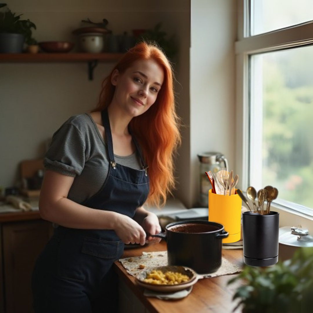 Woman in a kitchen preparing food with ceramic utensil crocks next to a window.