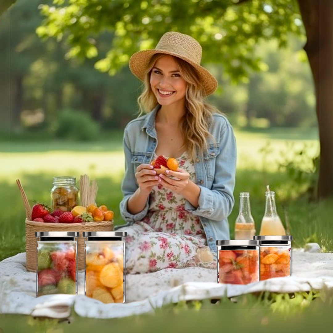 Woman enjoying a picnic with glass food storage jars of fruits and drinks in a park setting.