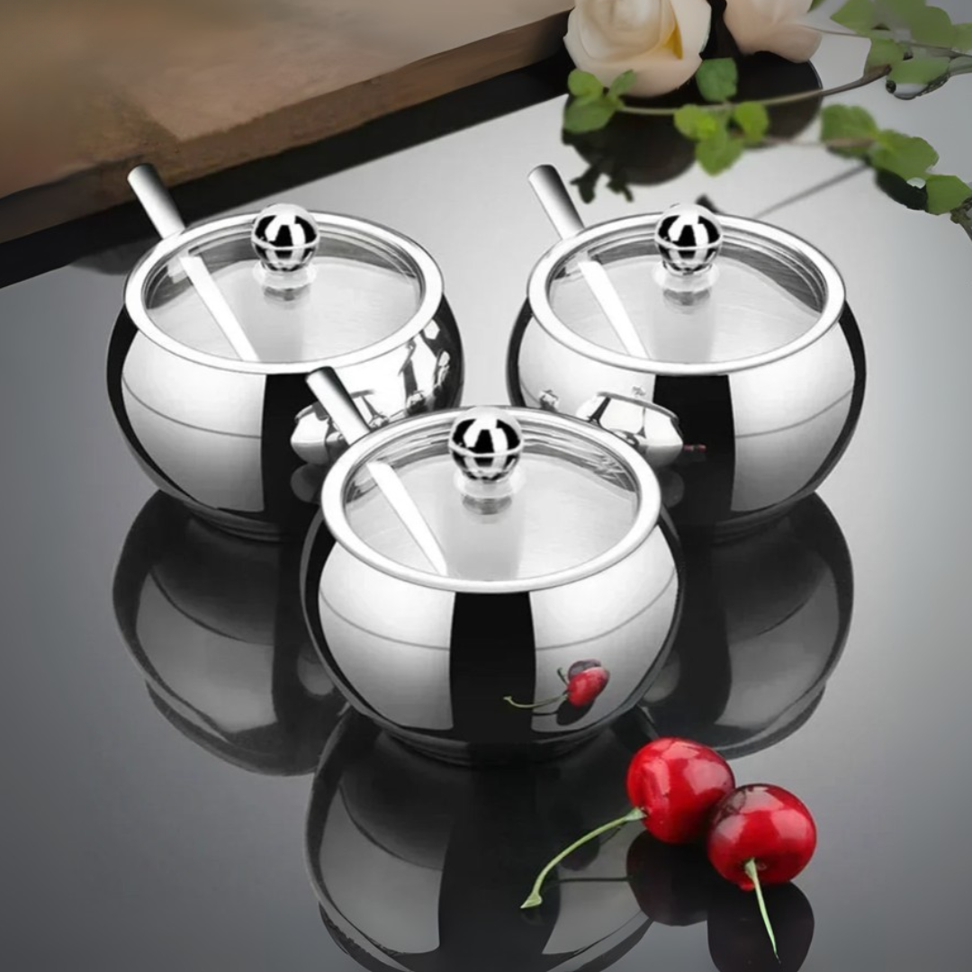 Stainless Steel Sugar Bowl with Lid & Spoon | Drum-Shaped, Save Time & Space