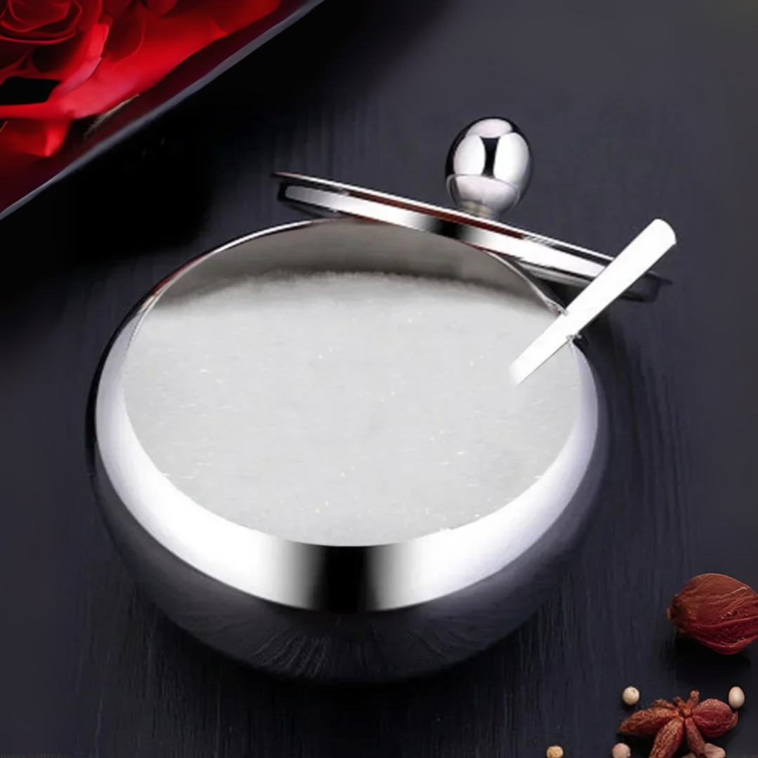 Stainless Steel Sugar Bowl with Lid & Spoon | Drum-Shaped, Save Time & Space