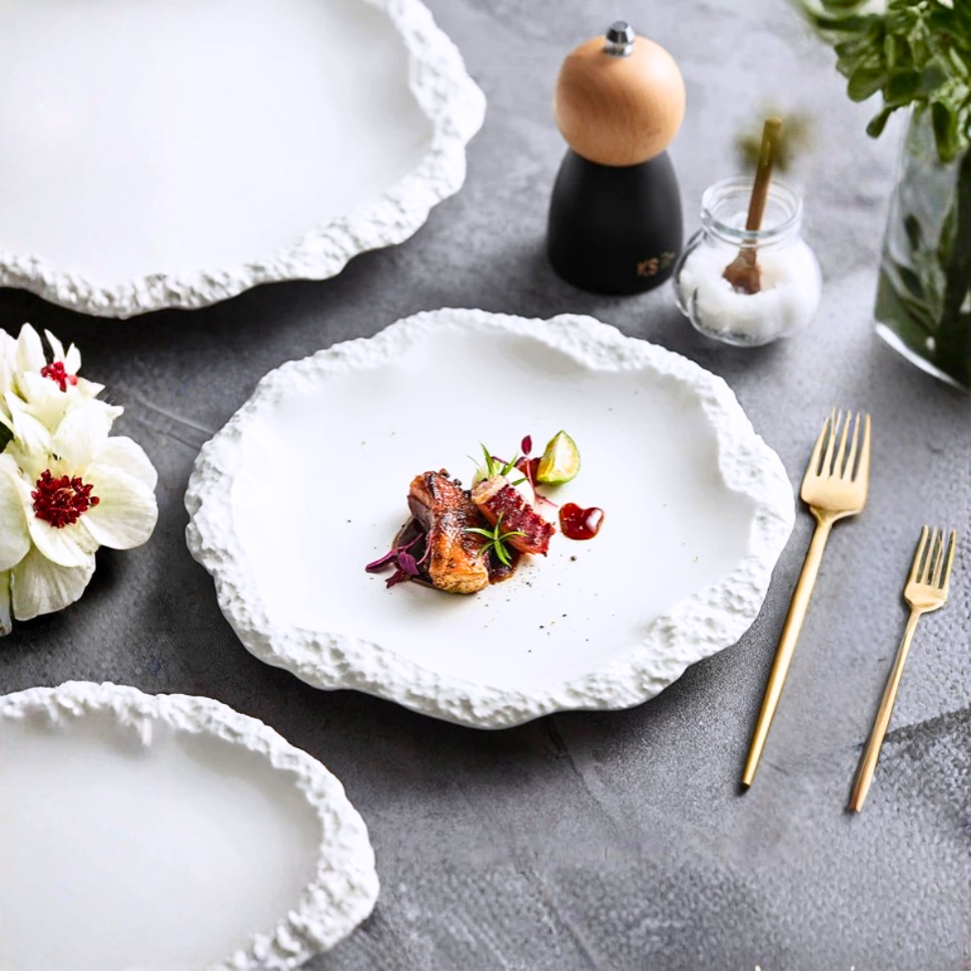 Irregular Rim Ceramic Plate Collection | White Serving Dishes for Salads & Pasta