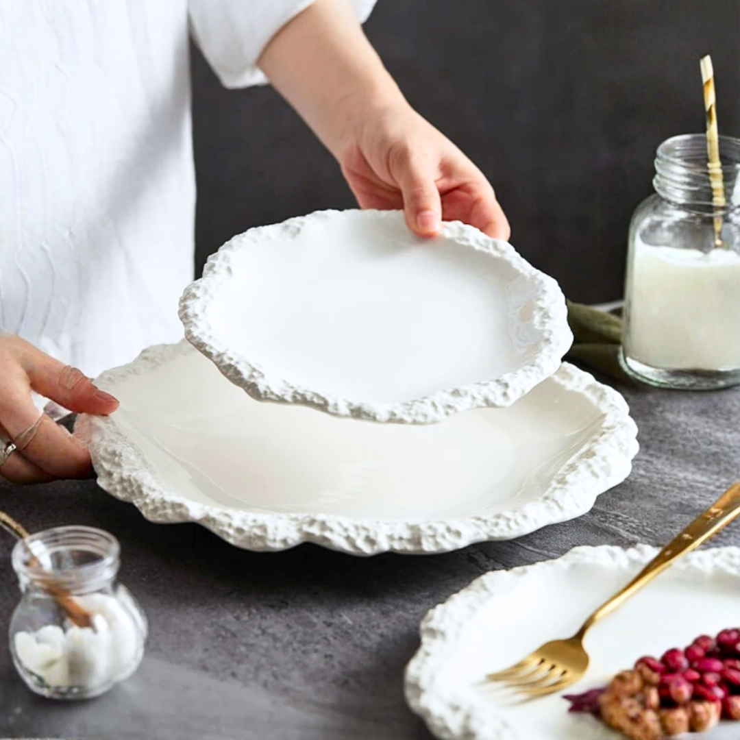 Irregular Rim Ceramic Plate Collection | White Serving Dishes for Salads & Pasta