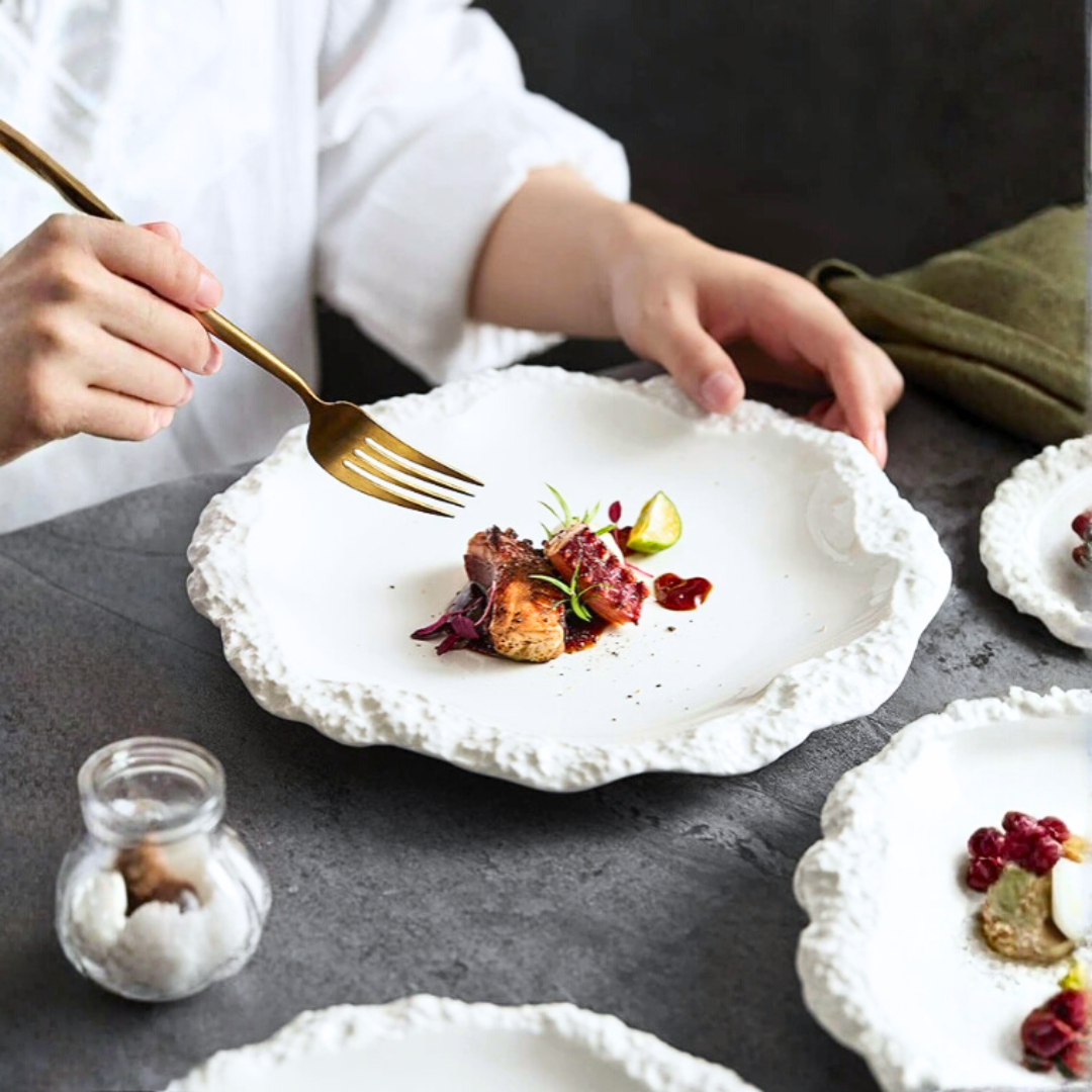 Irregular Rim Ceramic Plate Collection | White Serving Dishes for Salads & Pasta