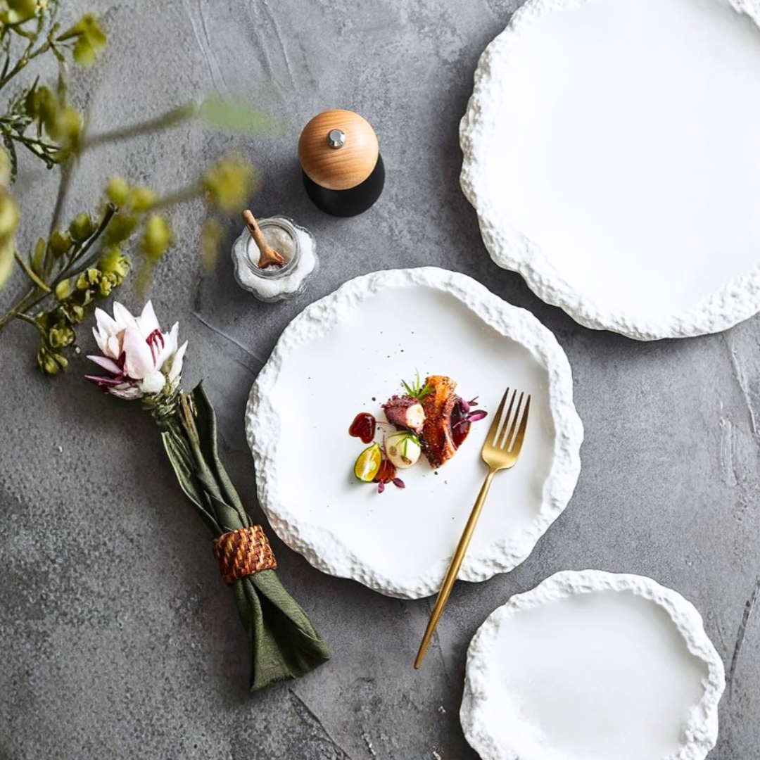 Irregular Rim Ceramic Plate Collection | White Serving Dishes for Salads & Pasta